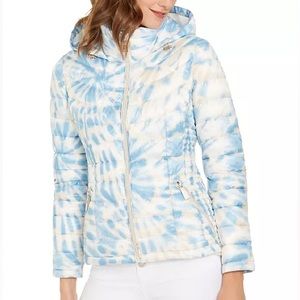 Calvin Klein Tie-Dye Hooded Lightweight Puffer Jacket Medium Blue White Cream